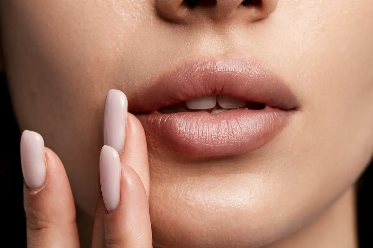 Close-up van lippen en een hand met lichtroze nagels bij de mond